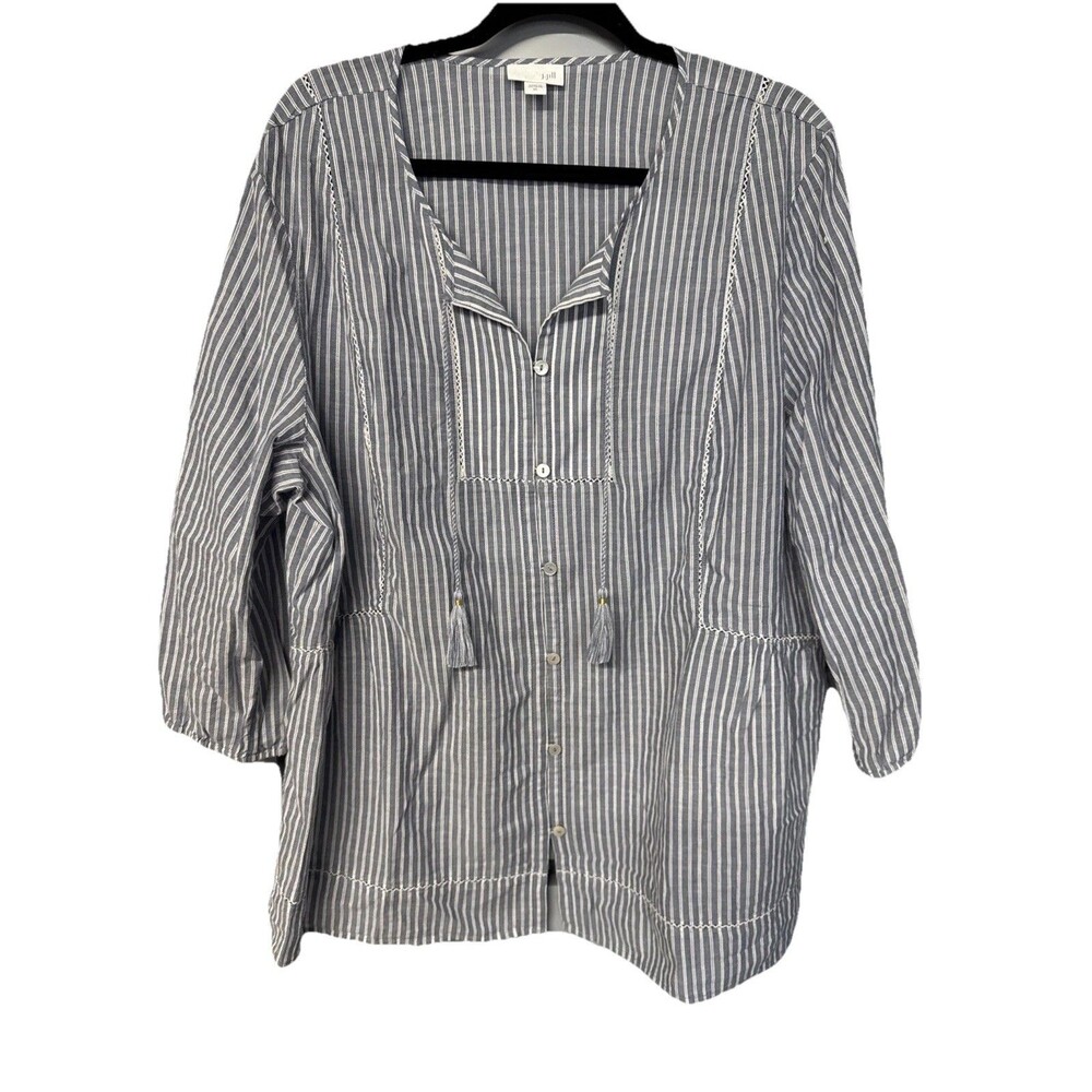J.Jill  Tunic Top‎ Boho Large Chambray Tassels Popover 3/4 Sleeve Lounge Resort